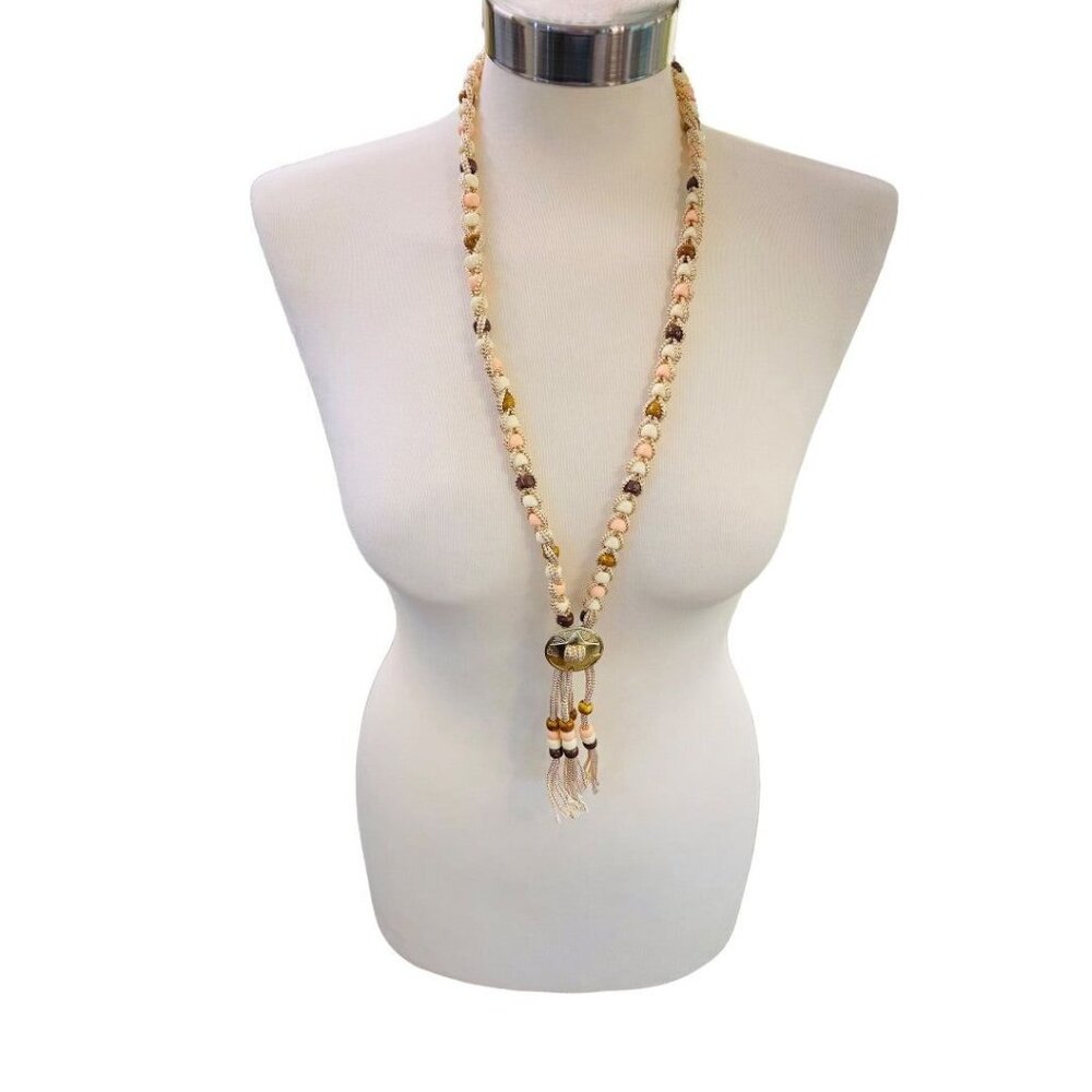 Braided Plastic Bead Necklace 32" Overhead Goldtone Pink Brown Lightweight 5" Ta